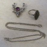 Selection of silver jewellery inc stag brooch, marcasite ring and necklace total weight 12.7 g / 0.