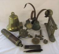 Various brassware inc British Oxygen Co Limited regulator, telescope (af), bell, light fitting etc