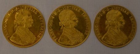 3 Austrian 1915 22ct gold 4 Ducat coins each 14g (42g total)
