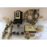 2 boxes of assorted items inc large elephant, fish/mussel bowls, cherubs, cut glass, cheese baker,