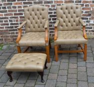 Pair of button back open arm chairs & a footstool
