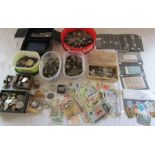 Collection of assorted coins, gaming tokens, bank notes and stamps etc