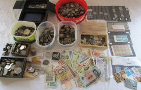 Collection of assorted coins, gaming tokens, bank notes and stamps etc