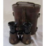 WWI military binoculars case 'J Cripps 1917' together with a pair of Chevalier Paris binoculars