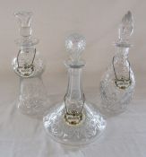 3 glass decanters with Coalport and Crown Staffordshire sherry, brandy and Whisky labels