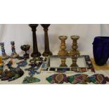 Handmade mirror, 4 wooden candlesticks, green glass face lamp, selection of Mexican pottery fish &