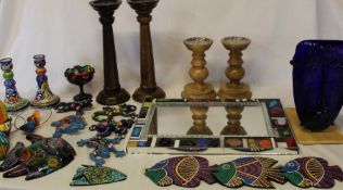 Handmade mirror, 4 wooden candlesticks, green glass face lamp, selection of Mexican pottery fish &