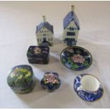 2 Delft KLM houses (no 4 and 6), cloisonne pin dish and box, Coalport miniature cup and saucer &
