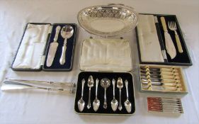 Various cased silver plated cutlery, basket etc