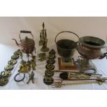 Selection of brass and copper inc jam pan, fireside companion set, kettle etc