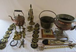 Selection of brass and copper inc jam pan, fireside companion set, kettle etc