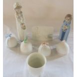 4 Lladro Christmas bells, Lladro sailing cup, Lladro Collectors Society plaque, Nao figurine of a