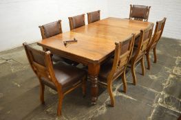 Late Victorian oak wind out dining table on reeded legs with 2 leaves extending to 207cm by