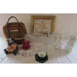 Assorted glassware inc cranberry glass, large basket, Swarovski candlestick, rose bowl etc,
