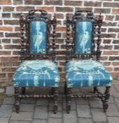 2 Charles II style 19th century carved dining chairs with barley twist columns