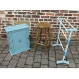 Painted pine cupboard, towel rail and stool
