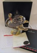 Boxed large Royal Crown Derby limited edition paperweight - Black swan no 174/300, gold stopper,