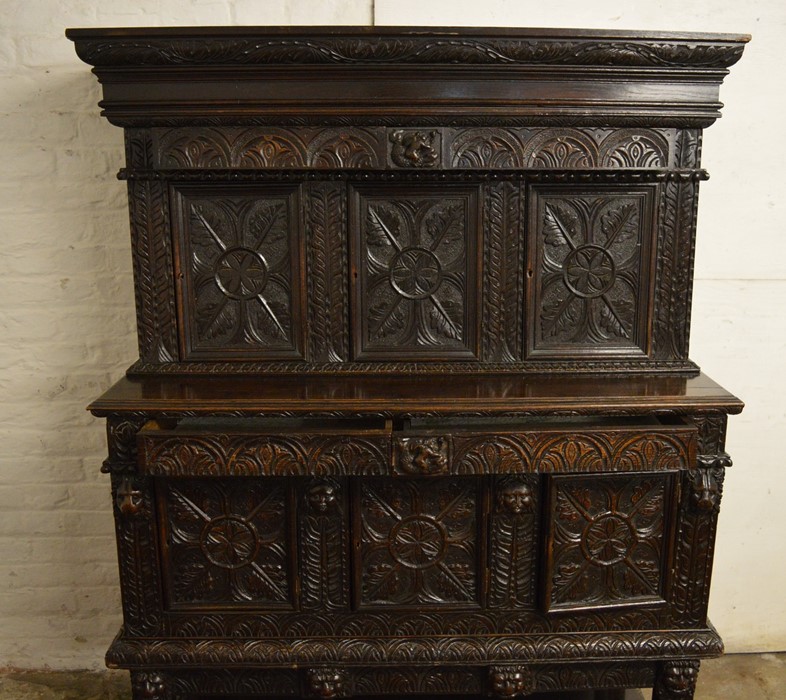 Late 19th/early 20th century heavily carved oak court cupboard H 173 cm L 128 cm D 58 cm - Image 3 of 4