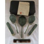 Art Deco silver and green guilloche 6 piece vanity set by Mappin & Webb London 1939 in leather