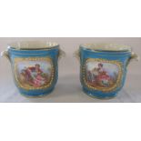 Pair of cache pots hand painted with figural and floral scenes with Sevres marks to underside H 12