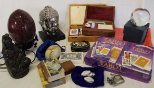 Crystal ball, Tarot cards, Angel cards, dowser, decorative boxes, lamp etc.