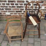 Child's high chair and rocking chair together with miniature cricket bat signed by Leicester