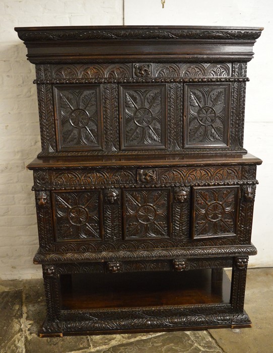Late 19th/early 20th century heavily carved oak court cupboard H 173 cm L 128 cm D 58 cm