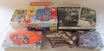 Various toys etc inc Meccano Space chads and motorbike (sealed) and Bendomino (sealed)