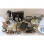 Various ceramics inc Limoges plates and Wade Natwest pigs, Ronson lighter, coins, cine camera etc