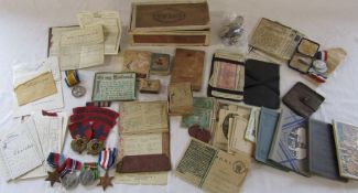 Military interest - WWII medals, service book, ephemera, bank notes, postcards and Royal Engineers