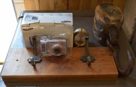 Wooden pulley, LNER coat hooks, Swiza clock (hand detached) & Samsung camera