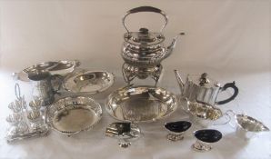 Various silver plate inc spirit kettle with stand, dishes, egg cups etc