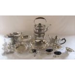 Various silver plate inc spirit kettle with stand, dishes, egg cups etc