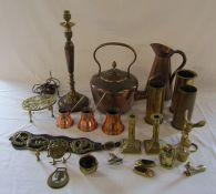 Assorted brass and copper inc kettle, candlesticks, horse brasses and trench art