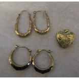 2 pairs of 9ct gold hoop earrings and a 9ct gold locket total weight 4.1 g