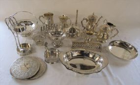 Selection of silver plate inc tea service, tankards, toast rack and dishes