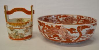 Oriental bowl decorated in red oxide with gilding Diameter 21.5cm Ht 7.5cm & a Japanese Satsuma pail