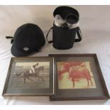 Charles Owen ultralite euro riding hat 2/57, travel flask set & 2 framed photographs of racing