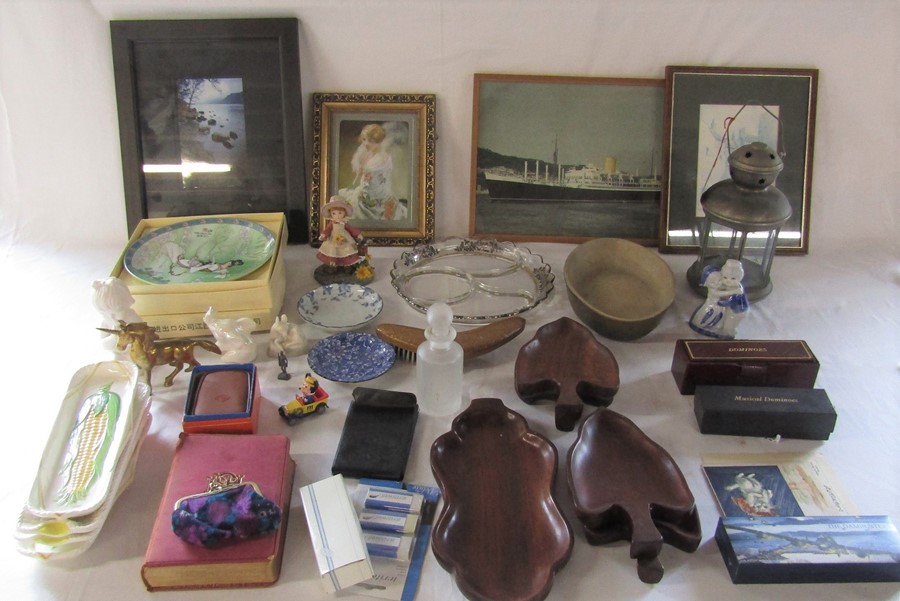 Various ceramics, glassware, prints, Dambusters pen set, dominoes etc