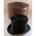 F W Longmore top hat with metal hat box (inside measurement approximately 55 cm)