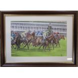 Framed pastel drawing of a horse racing scene, possibly The Grand National, signed/monogrammed K R