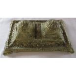 Brass ornate double inkwell stand with liners 27 cm x 17 cm