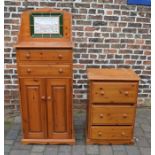 Pine chest of drawers & a tall pine cabinet with inset tile