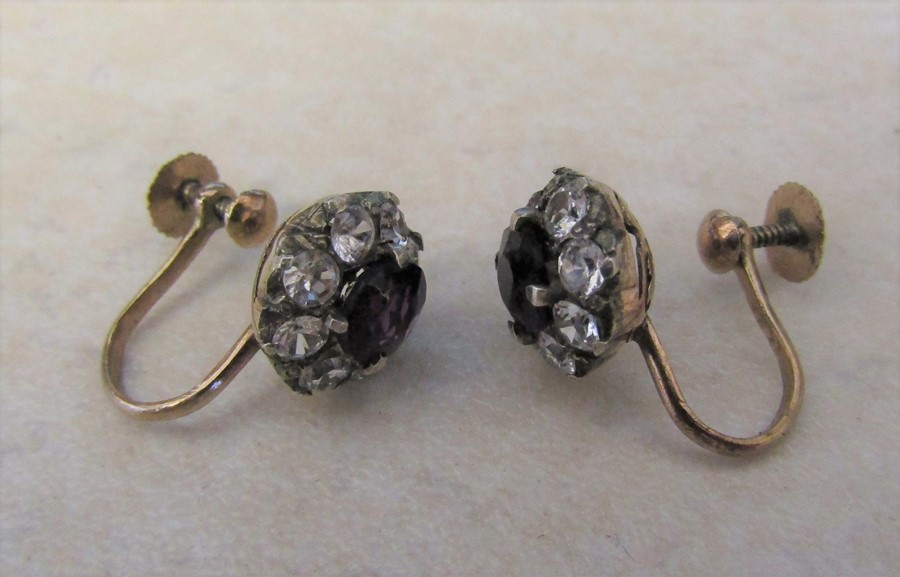 Tested as 9ct gold pair of spinel and paste cluster earrings (missing one stone) total weight 2.7 g