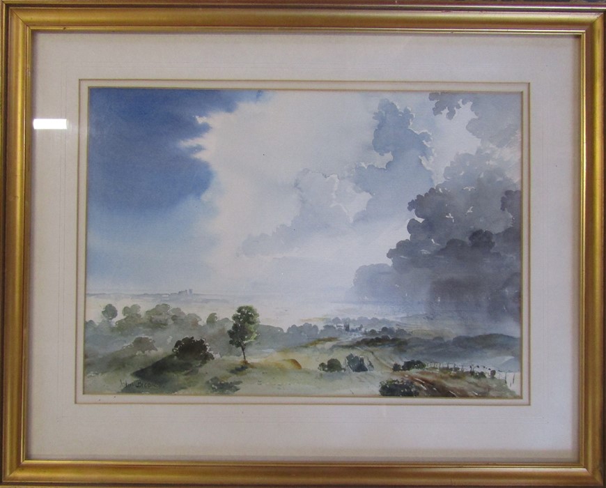 Framed watercolour by Lincolnshire artist John Brookes of a stormy landscape 49 cm x 39.5 cm (size