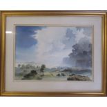 Framed watercolour by Lincolnshire artist John Brookes of a stormy landscape 49 cm x 39.5 cm (size