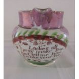 Small Sunderland lustre jug 'Ladies all I pray make free, and tell me how you like your tea' H 7.5