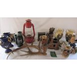 Various items inc Tornado lamp, Gold Circle mantel clock, antlers etc