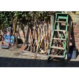 Various gardening tool, snow shovels & wooden steps