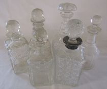 Selection of glass decanters inc one with silver collar